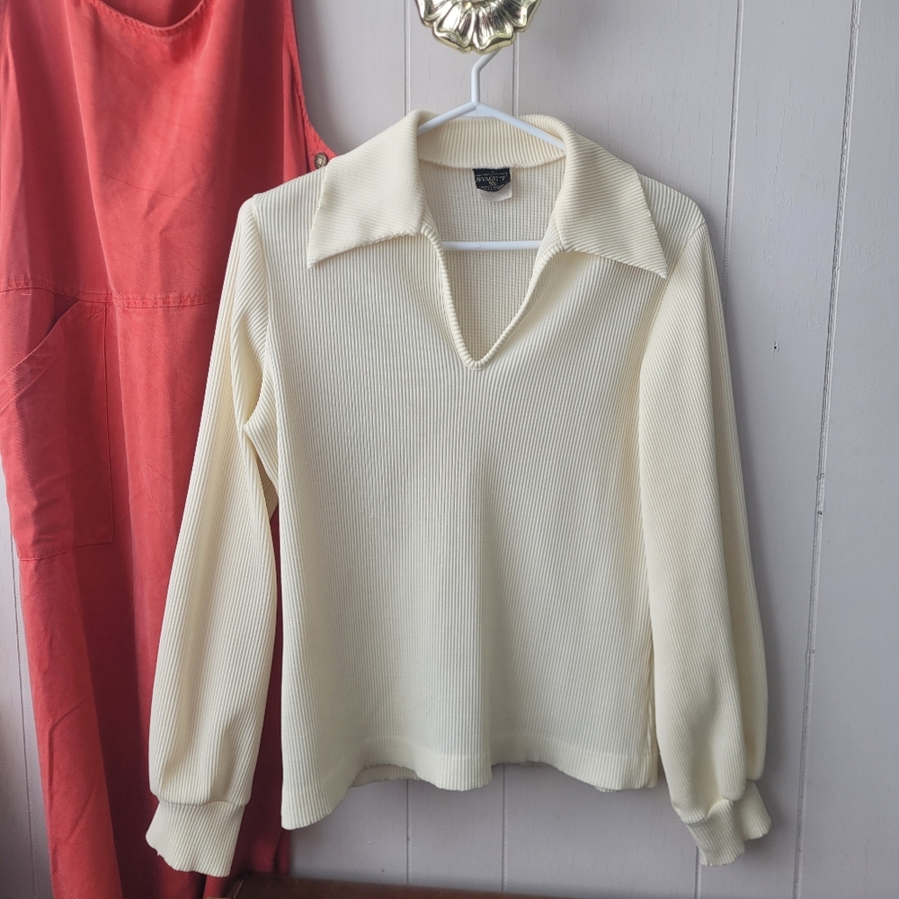 Vintage Fortrel Ribbed Longsleve Collared Cream Shirt By Stage 7